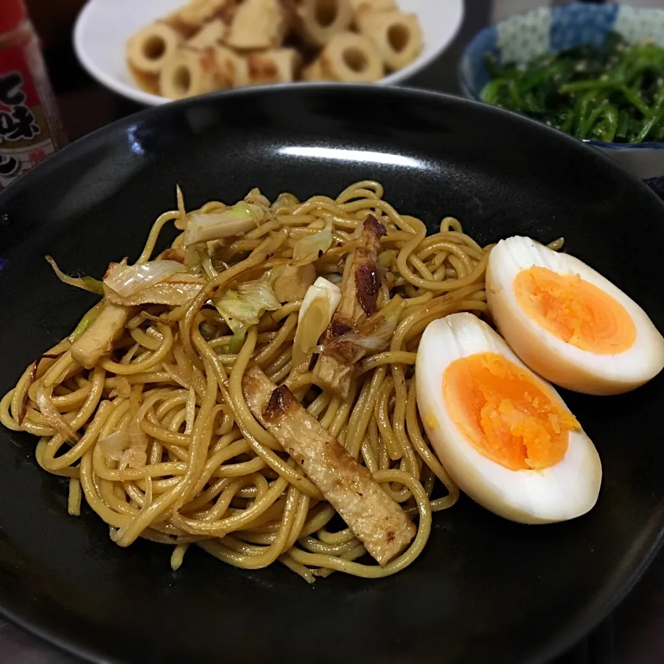 昼ごはん ウスターソースといしり焼きそば  ちくわ煮 ほうれん草おひたし|ぽんたさん