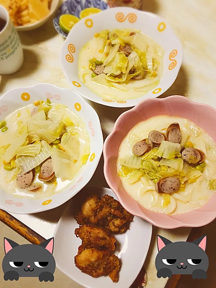 ミルクスープでうどん(^罒^✧)
              &
大ちゃんの唐揚げ〜|えみさん