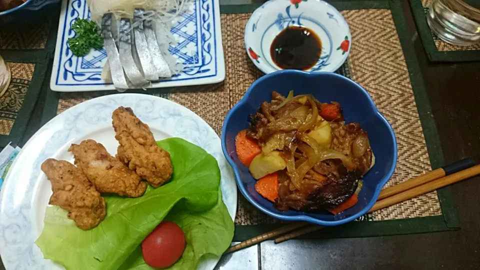 Snapdishの料理写真:唐揚げ＆イカとシメサバ＆肉じゃが|まぐろさん