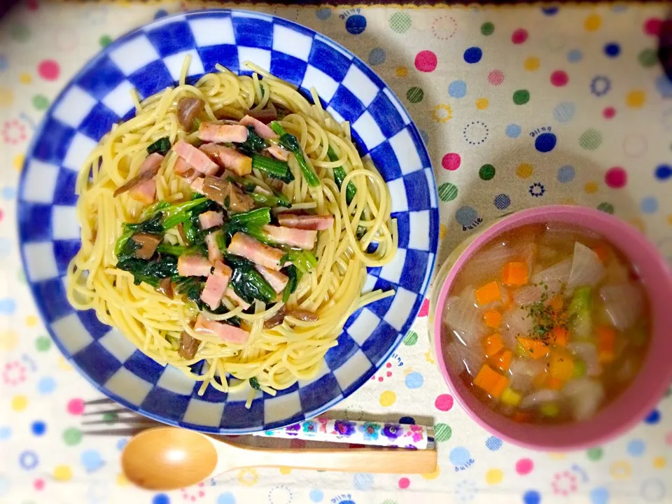 10/28❁夕飯❁ほうれん草ベーコン醤油パスタ|つんさん