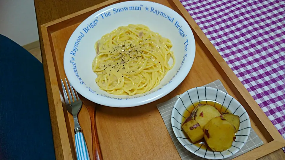 カルボナーラとさつまいもの蜂蜜煮|わこさん