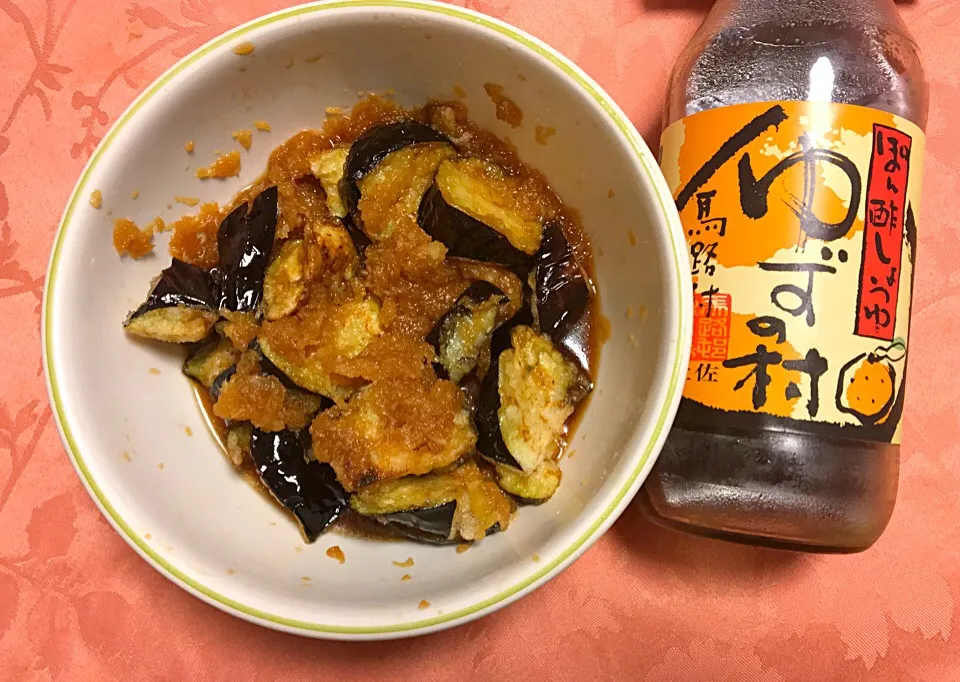 Snapdishの料理写真:揚げ茄子のおろしポン酢和え❣️高知馬路村のポン酢「ゆずの村」これじゃないと👍|Junko Tominagaさん