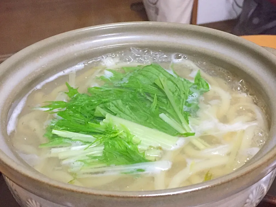 帆立の貝柱の出汁で、水菜たっぷり湯豆腐の出汁でうどん!  (^-^)|Kei Satoさん