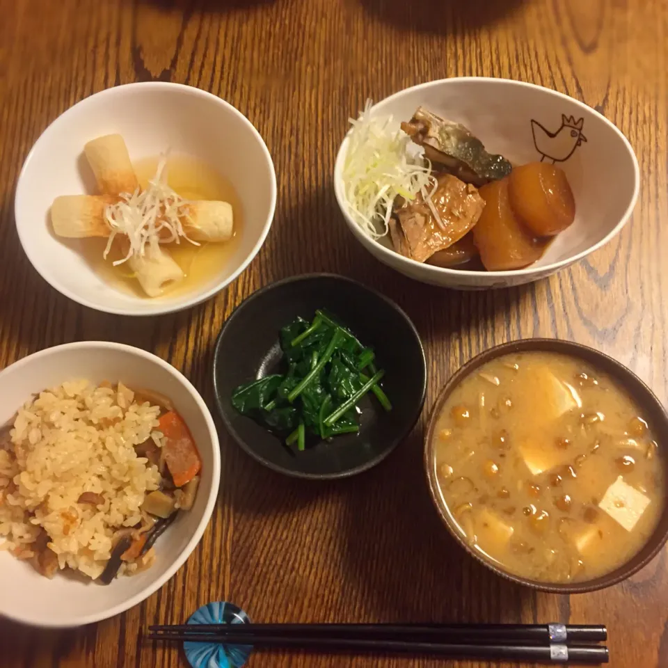 ぶり大根、おひたし、なめこの味噌汁、ちくわの煮物|runさん