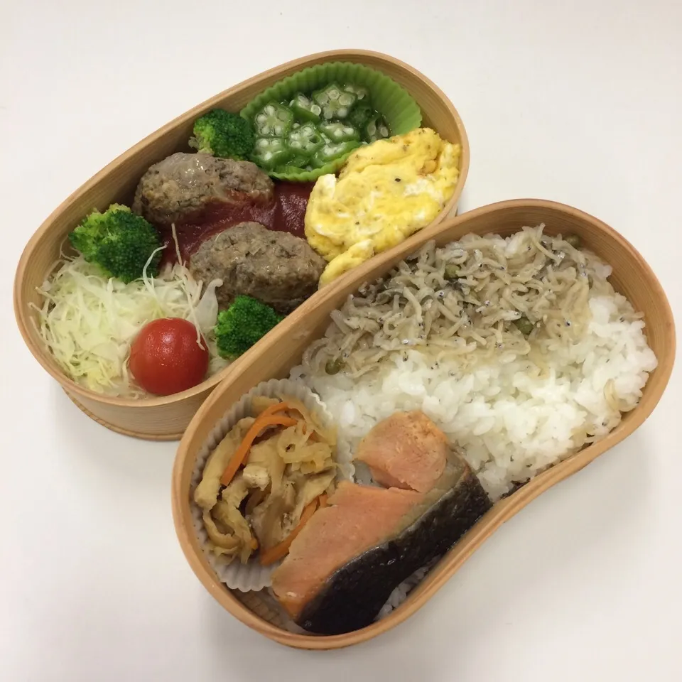 弁当（ハンバーグ、オムレツ、オクラ、サラダ、鮭麹焼き、切り干し大根、ちりめん山椒）|SasaMasa213さん