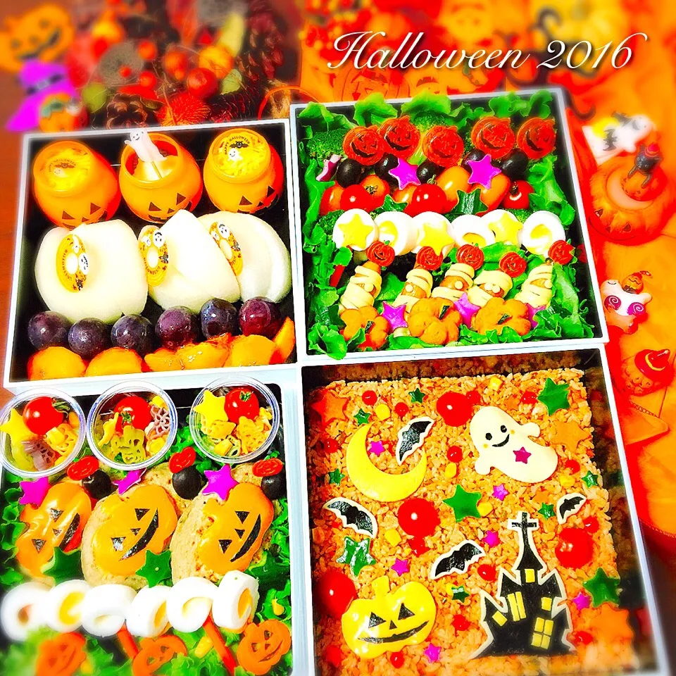 🎃ハロウィン👻ピクニック弁当4段重💕全景|event_cookingさん