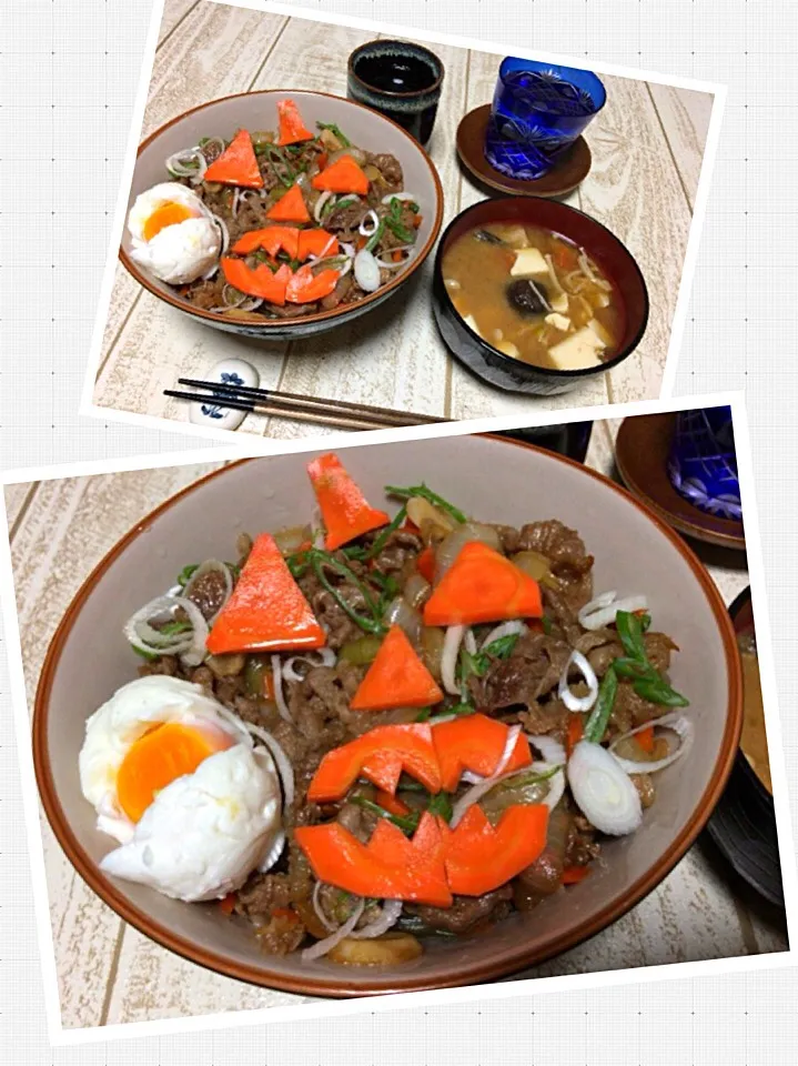 今日の男飯(＞人＜;)夜ごはんバージョン♬
牛丼with温玉(ハロウィンバージョン)
andえのきと生椎茸と豆腐とトマトの味噌汁♬|ひーちゃんさん