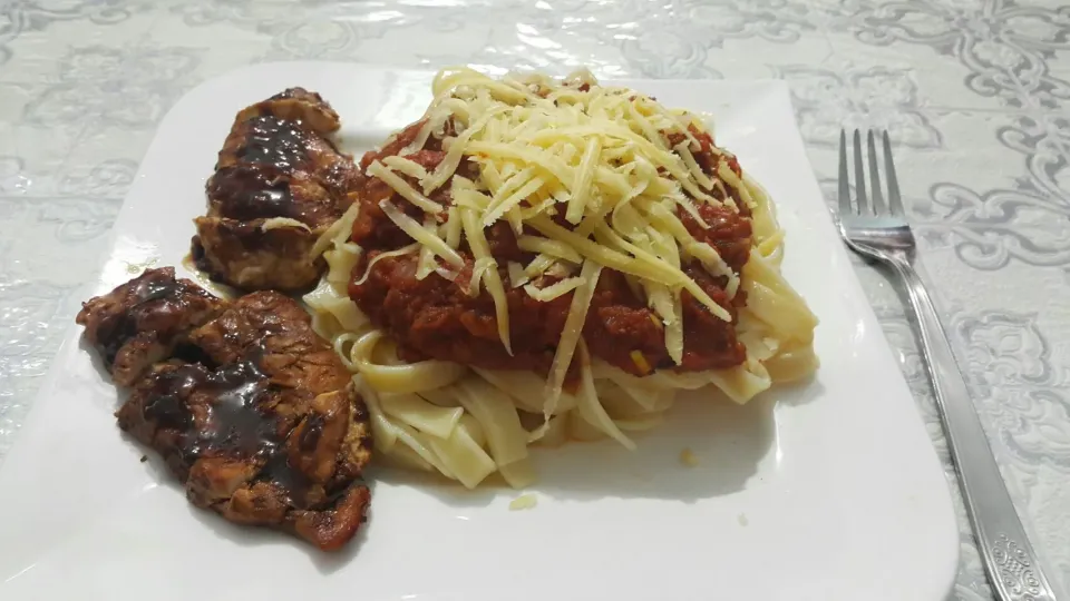 Snapdishの料理写真:tagliatelles + chicken teriyaki|Ilham El Mourabitさん