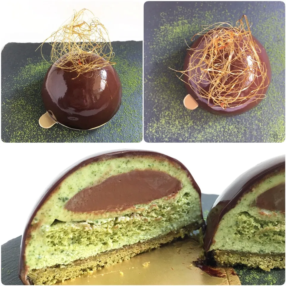 Matcha entremet - matcha sable base, matcha chiffon sponge, matcha mousse, chocolate cremeux and shiny chocolate glacage|coxiella24さん