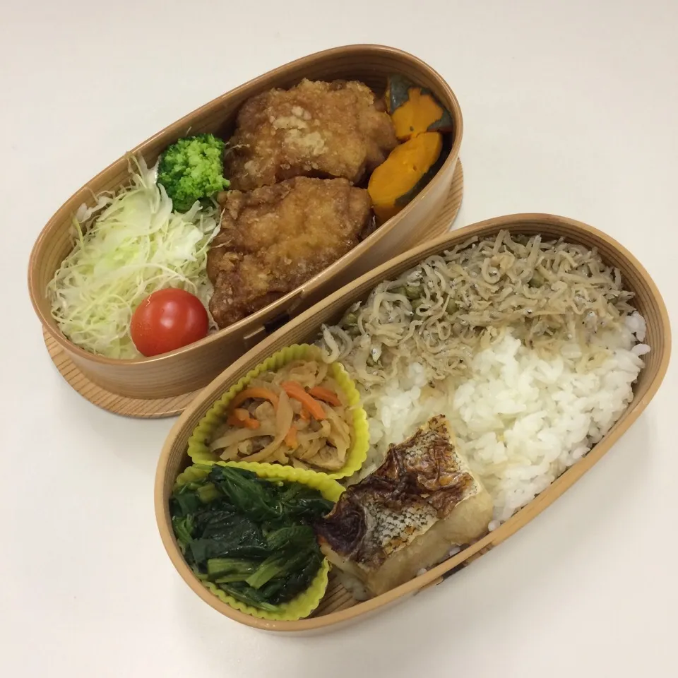 弁当（唐揚げ、かぼちゃ、サラダ、鱈麹焼き、モロヘイヤお浸し、切り干し大根、ちりめん山椒）|SasaMasa213さん