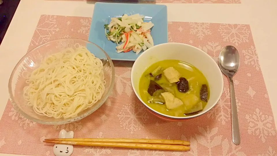 今日の夕食　グリーンカレー、そうめん、大根サラダ|pinknari🐰🌈さん