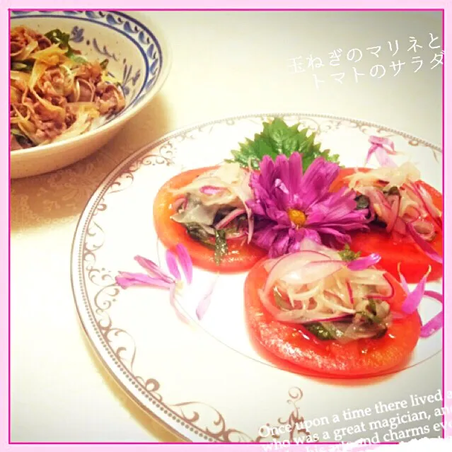 まるまちゃんのお料理🍅かんたん酢で 玉ねぎのマリネとトマトのサラダ🍅と牛肉しゃぶしゃぶ🐮柚子胡椒ポン酢|桜央里さん