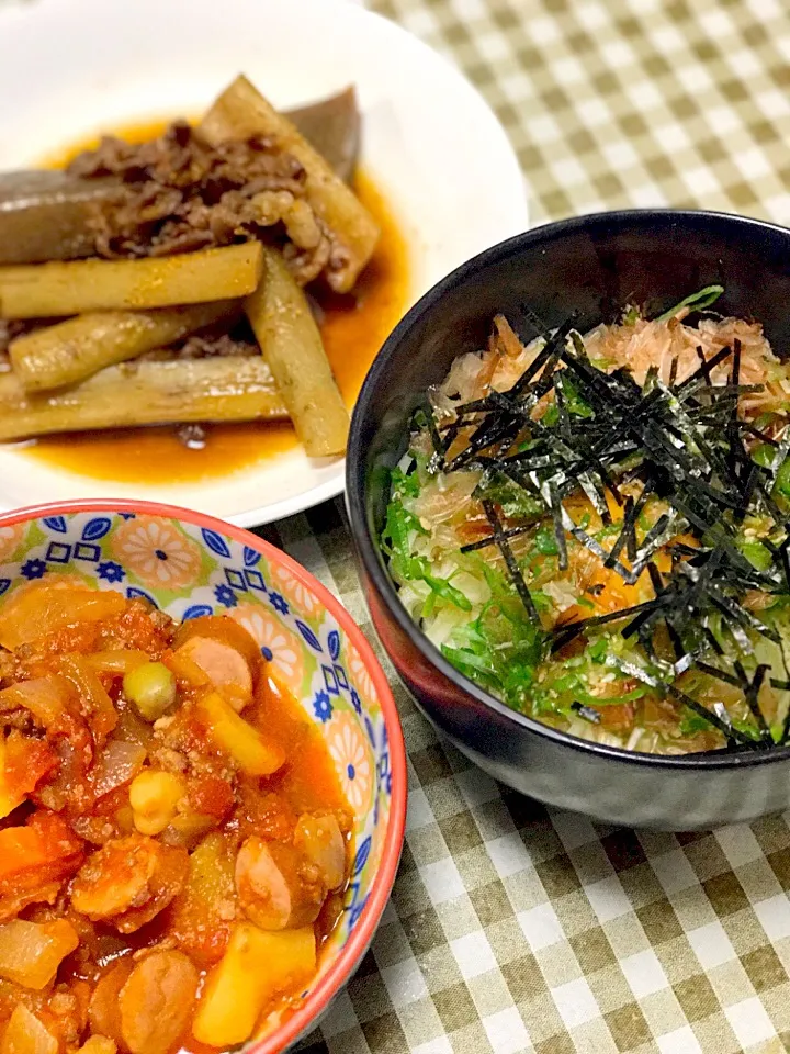 ポークビーンズ、ごぼうと牛肉とコンニャクのピリ辛煮、釜玉そうめん|☆光るさん