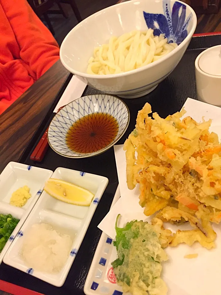 Snapdishの料理写真:生醤油うどん（温）&野菜かき揚げ@手打饂飩 寿庵（北区本郷町）|Kazuya Miyukiさん