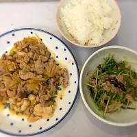 Snapdishの料理写真:クックパッド参照 タモリさんの生姜焼きと、豆苗とシーチキンの和え物。|岡 もゆるさん