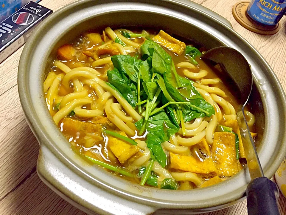 カレーうどん、に、ベランダ菜園の小松菜どーん！！(=ﾟωﾟ)ﾉ|inoさん