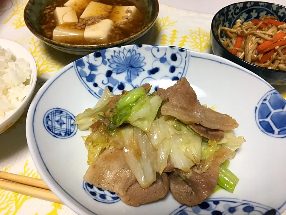 キャベツ豚肉炒め、豆腐そぼろ餡、えのき人参おかか炒め|ずずさん