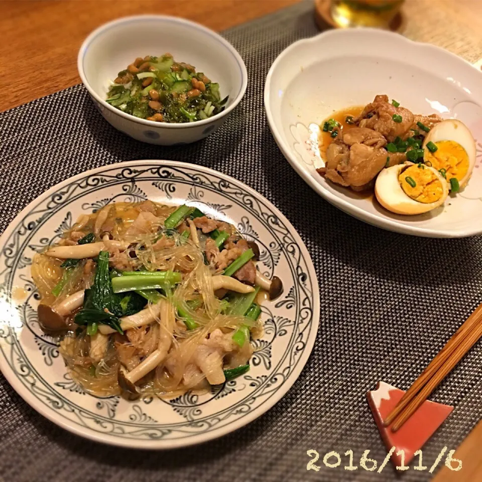 手羽元とゆで卵のお酢煮
豚こまと春雨、小松菜の中華炒め
めかぶ納豆|𓇼 Ⓢ Ⓗ Ⓘ Ⓝ Ⓞ Ⓑ Ⓤ 𓇼さん