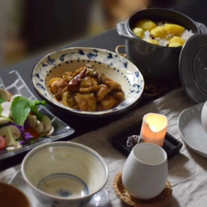 ストウブで栗ご飯
鶏肉と茄子の怪味ソース炒め
マッシュルームサラダ|Naoさん