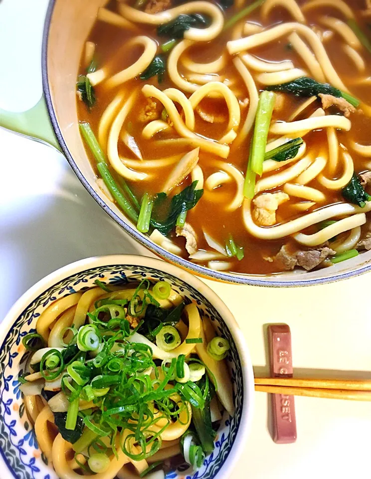 Snapdishの料理写真:小松菜と豚の切り落とし肉でカレーうどん|nokorinさん