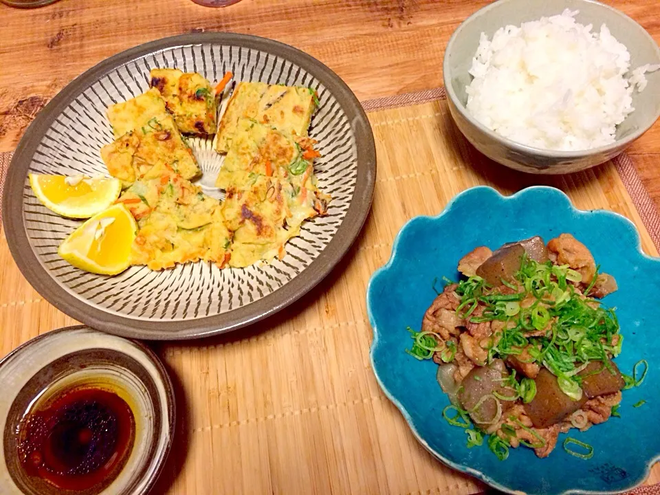 野菜たっぷりチヂミ＊豚肉とこんにゃくの炒め煮|acoさん