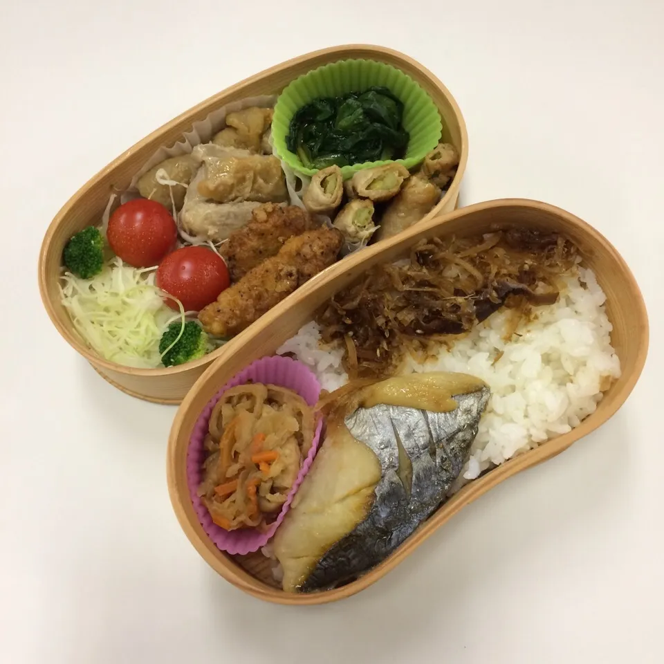 Snapdishの料理写真:弁当（鶏肉味噌焼き、唐揚げ、肉巻きアスパラ、ニラお浸し、サラダ、鰆麹焼き、切り干し大根、生姜と椎茸の佃煮）|SasaMasa213さん