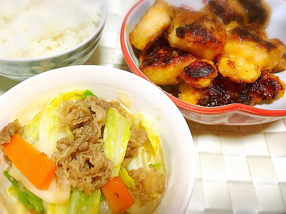 牛肉の野菜炒めと鶏胸肉のチリマヨソース炒め|くろねこっく🐈‍⬛さん