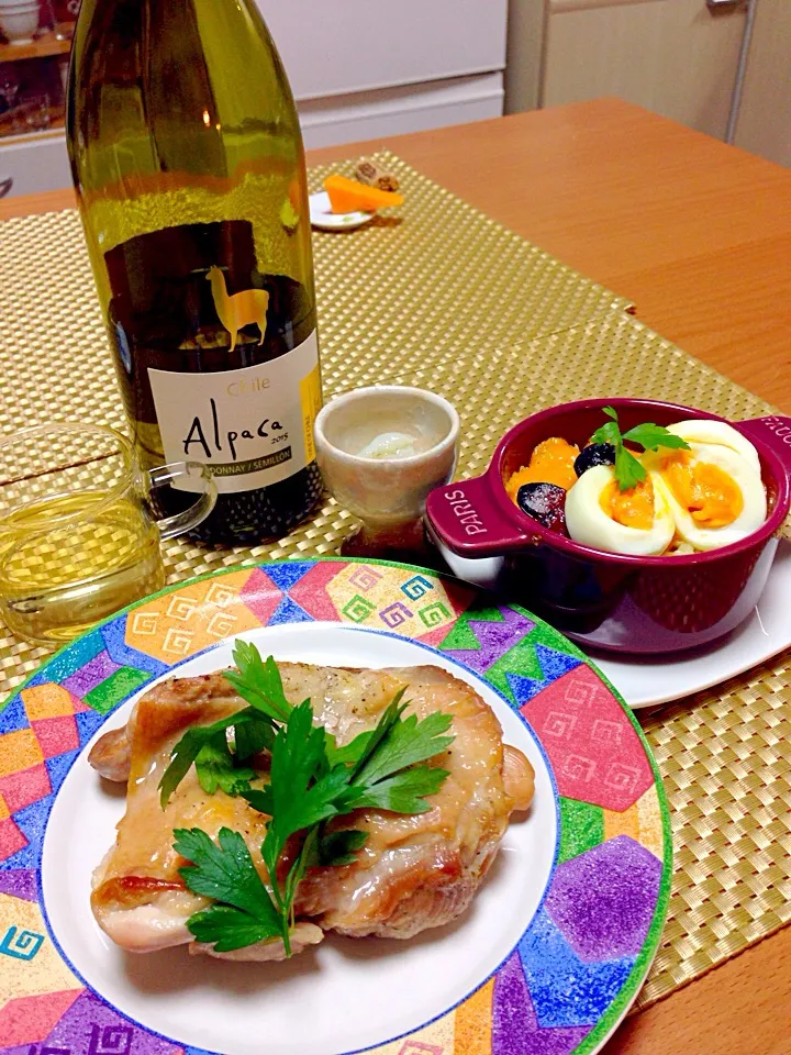 本日のワインのお供！鳥のハーブ焼きとアンチョビポテトのグラタン（≧∇≦）ふぐ刺しの柚子こしょう和え（山口土産）|Yumiko Nakamuraさん