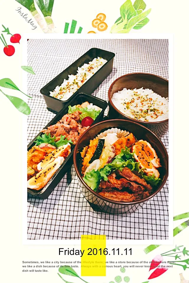 Snapdishの料理写真:お父さん、高校男子 🐷生姜焼き🍱昨夜の夕食の天麩羅もね〜( ⸝⸝•ᴗ•⸝⸝ )੭⁾⁾2016.11.11|カンカンさん