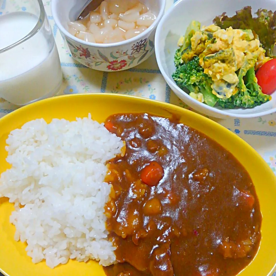 Snapdishの料理写真:じっくり煮込んだすじ肉ビーフカレー🍛と南瓜とブロッコリーの玉子和えサラダ|うたかた。さん