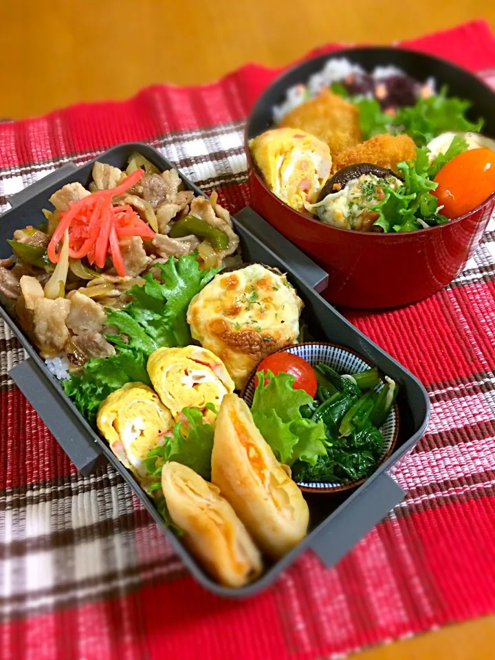 息子君、わたくし弁当🎶
舞台丼
ツナマヨ椎茸焼き
彩り玉子焼き
春巻き(チリソースかな？揚げただけ)
小松菜のしらすポン和え

わたくし弁当 あまりおかず達。|BooBooさん