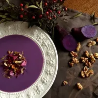 ✨Puple yam soup with crispy toppings(deep-fried purple yam, burdock root & walnuts)...紫芋のスープ,かりかりトッピング添え(素揚げの紫芋、ごぼう&くるみ)✨