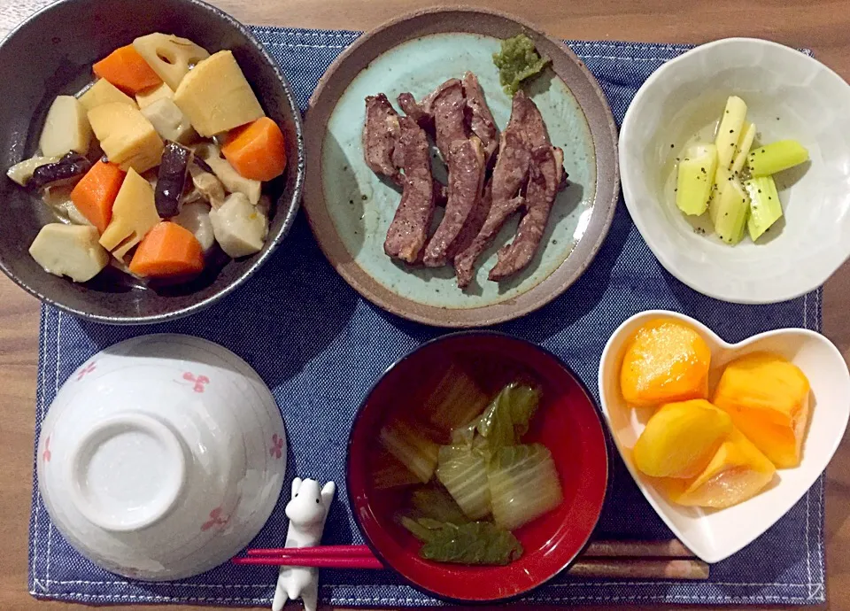 煮物、ハツ、セロリの甘酢漬け、柿|せさん