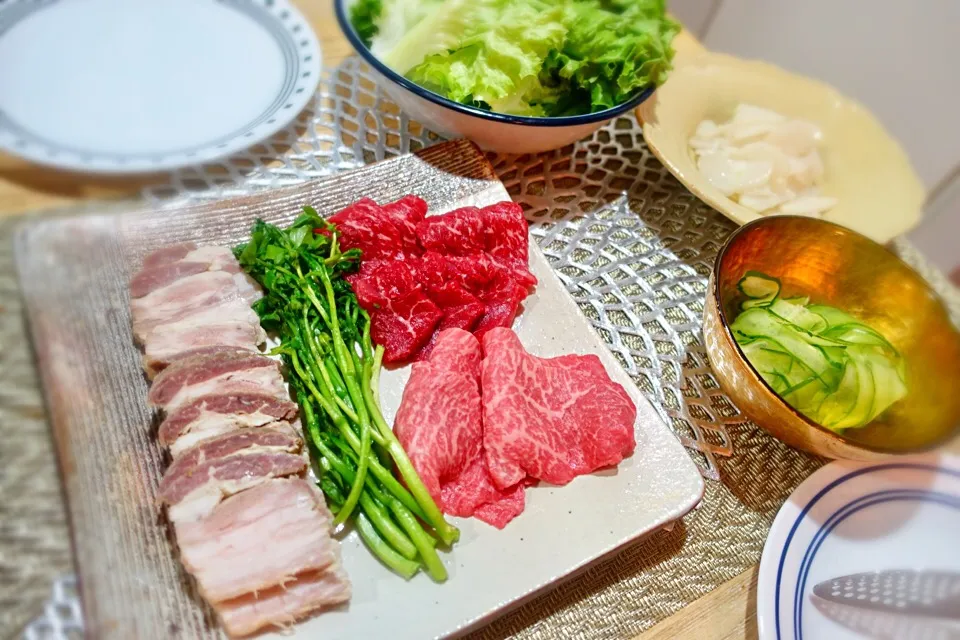 塩麹大蒜ポッサム、焼肉の野菜巻き
＊クレソン、レタス、胡瓜＊ 
隼人瓜の塩麹漬物|meirecipeさん