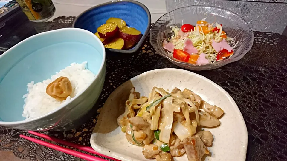 2016-11-13夜❤鶏肉と長ネギのマヨ炒め、さつまいものバター醤油煮|一人暮らしごはん🍴さん