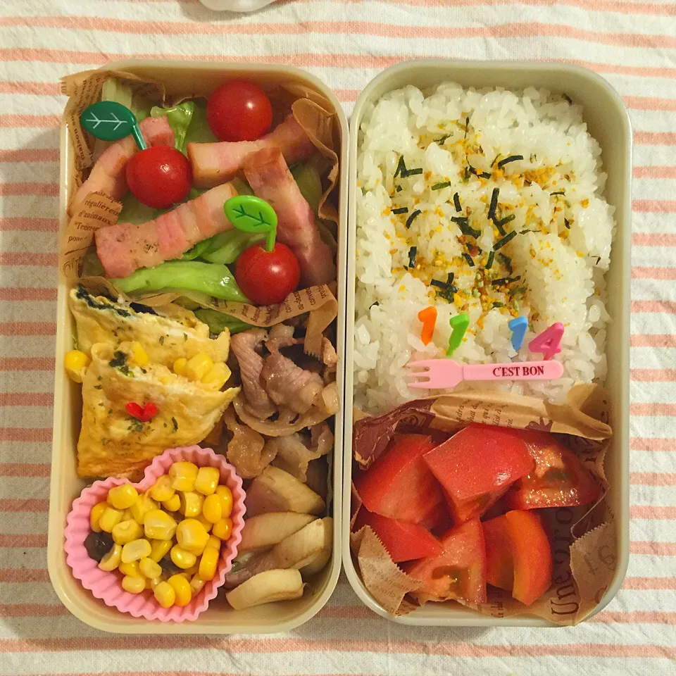 Snapdishの料理写真:ベーコンのキャベツ炒めと焼き肉お弁当|Doris Tarotさん