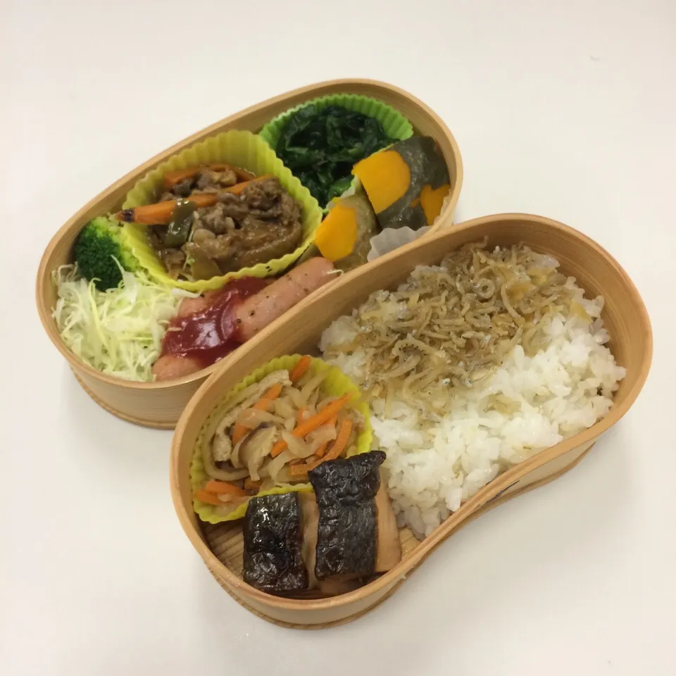 Snapdishの料理写真:弁当（プルコギ風焼肉、ソーセージ、南瓜、ニラお浸し、サラダ、鮭麹焼き、切り干し大根、生姜ちりめん）|SasaMasa213さん