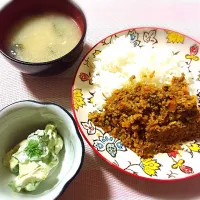 Snapdishの料理写真:キーマカレーと胡瓜アボガドサラダ|なおみキャンベルさん