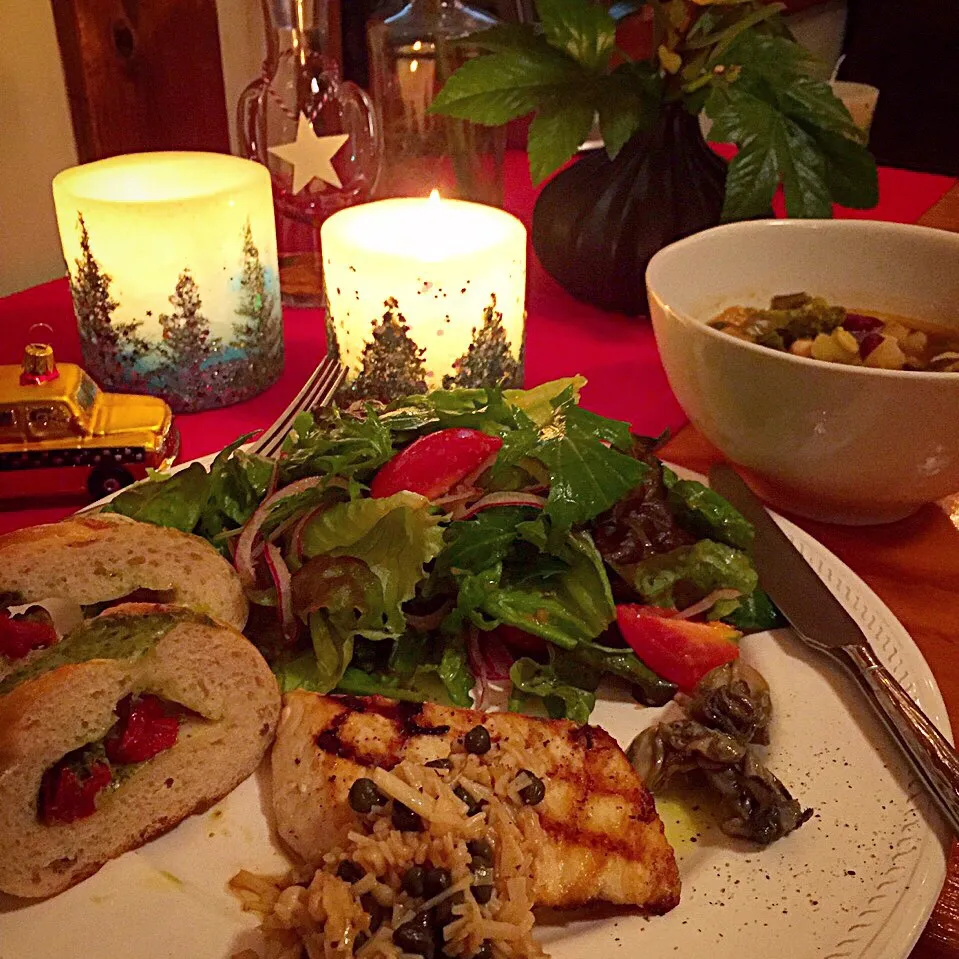 Swordfish  top with wine vinegar-Enoki mushrooms capers sauce. Oil pickled oysters on side|tayukoさん