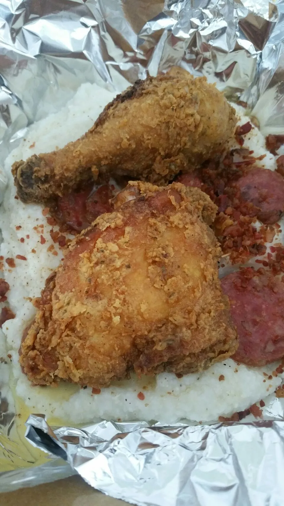 #Fried #Chicken #Bacon #Sausage on top of #Grits|Precious Loveさん