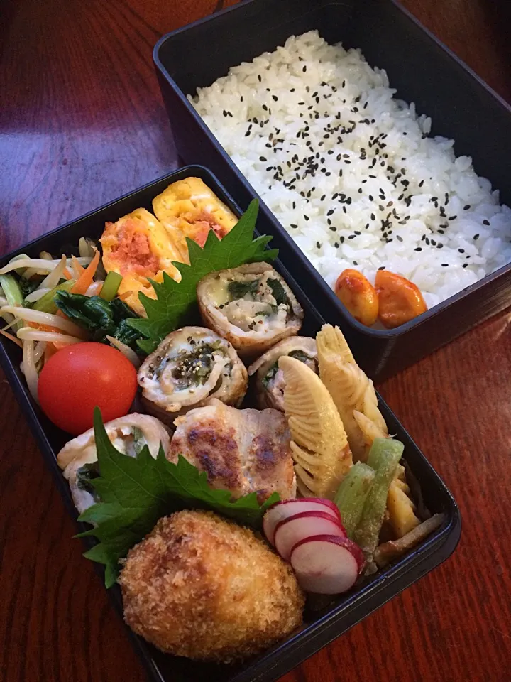 豚の梅紫蘇チーズ巻き弁当|二キィさん