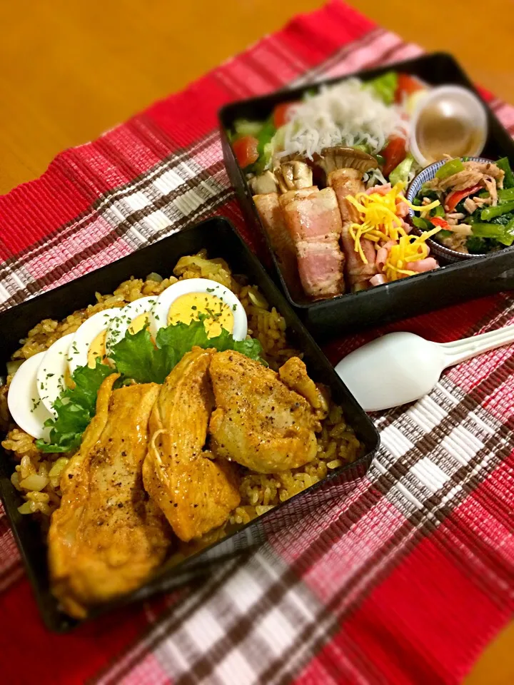 Snapdishの料理写真:息子君弁当🎶
カレーピラフとタンドリーチキン
しらすサラダ
小松菜のシーチキン和え
エリンギのベーコン巻き
お花ハム|BooBooさん