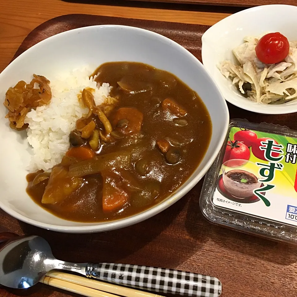 Snapdishの料理写真:2016.11.17 晩御飯 カレーライス   レンコンとゴボウのささみサラダ  もずく酢|あっきーよさん