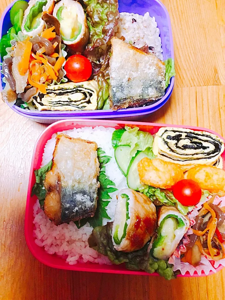 今日のお弁当🎶
ピーマン、チーズの豚巻き。きんぴら。
鯖の竜田揚げ。海苔巻き卵。|るりさん