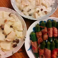 Snapdishの料理写真:鮮菇雞肉奶油白醬 cream sauce with chicken
香烤培根秋葵捲  Okra bacon roll
 #cream sauce
#bacon|lovemissphiさん