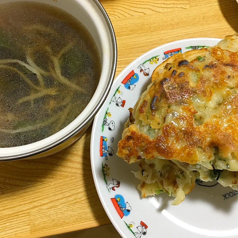 ほうれん草ともやしのナムルを
スープとお好み焼きに！|あきえさん