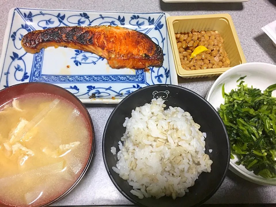 もち麦飯、西京漬魚、京菜、大根油揚げ味噌汁、納豆|ms903さん