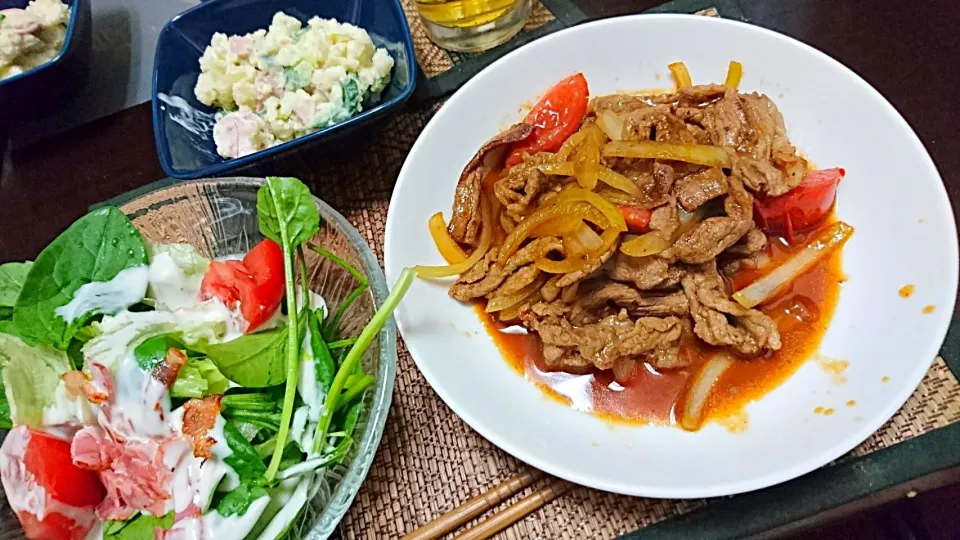 焼き肉&ポテトサラダ&シーザーサラダ|まぐろさん