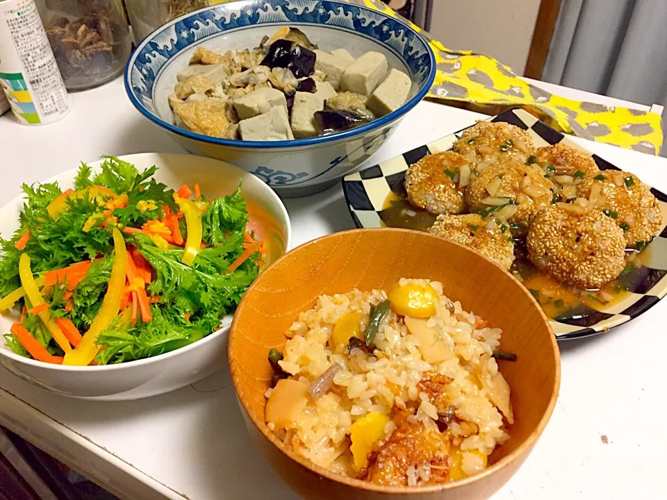 栗ご飯  わさび菜の刻み柚子風味サラダ  ゴマが香ばしい甘辛里芋もち  アサリ入り揚げナスと高野豆腐の煮物|石川洋子さん