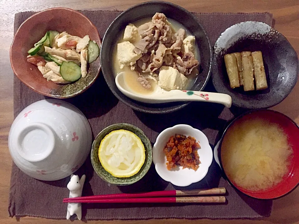 肉豆腐、ごぼう甘辛煮、ささみ梅肉和え、なます柚子風味|せさん